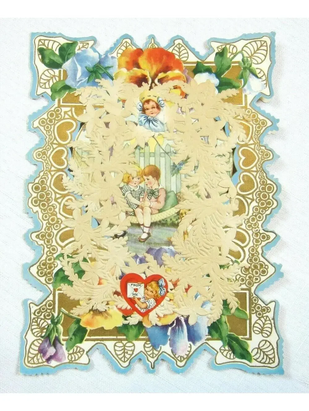 Vintage Valentine XL Girl Boy Hammock Dog Ship Diecut Paper Lace UNSIGNED 1920s